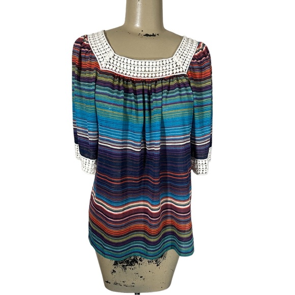 Hannah Tops - Hannah Southwest Serape Stripe Blouse Triple Crochet Flat Pom Trim Women’s Sz S